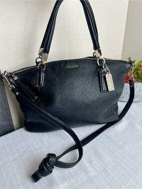 Coach Black Kelsey Black Pebbled Leather Shoulder Satchel with Metal Hangtag